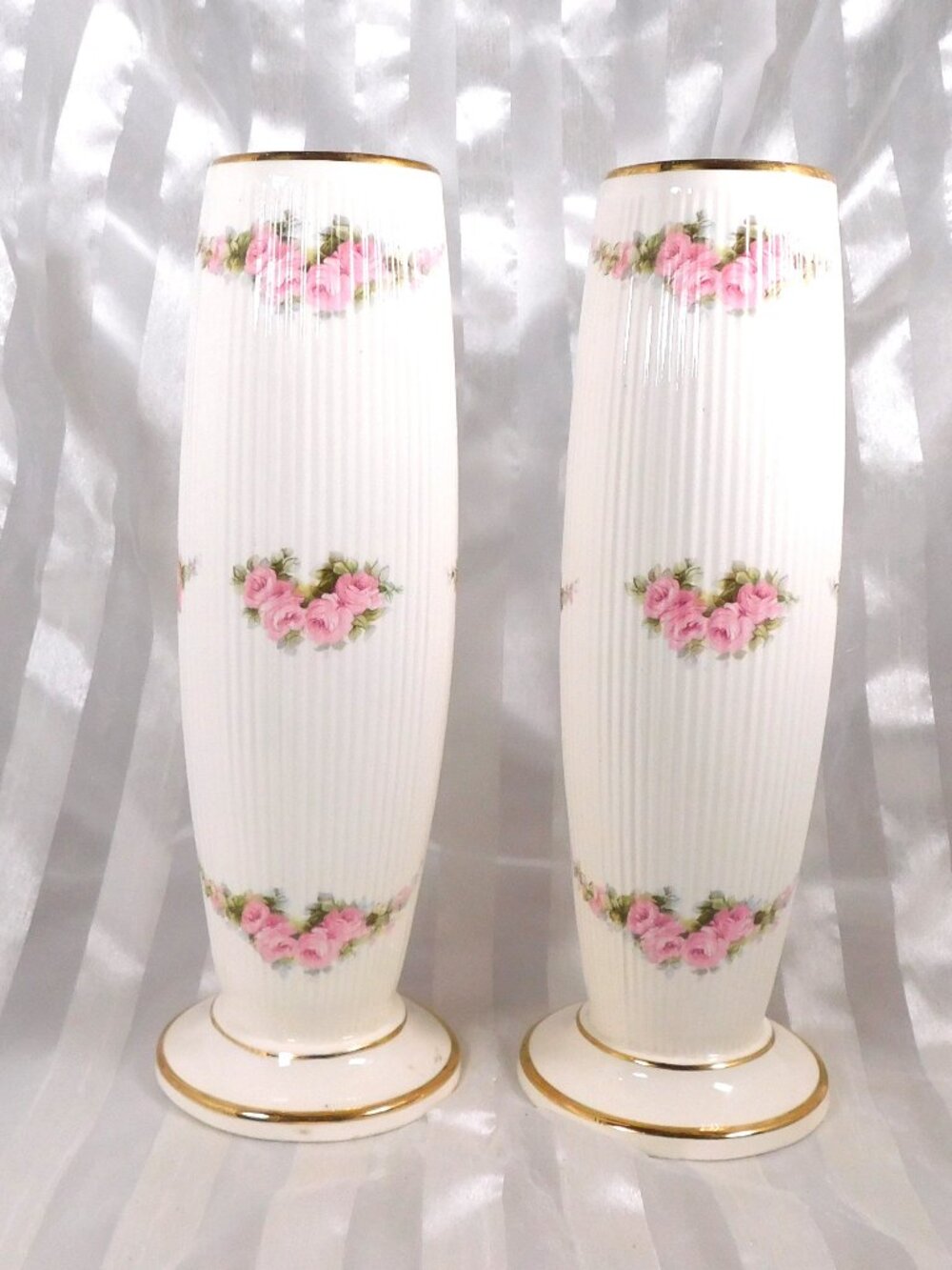 Pair of Tall Ridged Pink Floral Vases # 26520